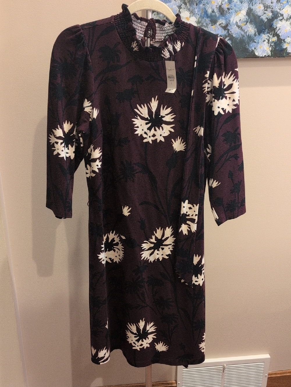 Ann Taylor Women’s Floral Shift Dress - Deep Plum with White Print
